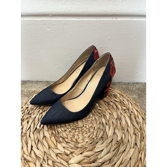 Jessica Simpson Western Denim Floral Pumps Size 6.5 Rose Platform Chunky Boho - Picture 2 of 7